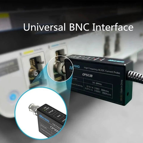 High Frequency AC DC Current Probe For Scope Testing With 50Mhz Bandwidth connected to BNC interface in laboratory setting.