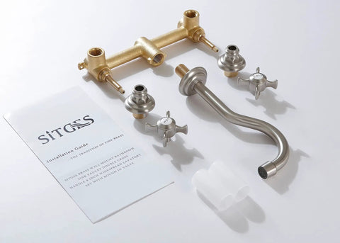Two Handle Wall Mount Bathroom Sink Faucet With Rough In Valve Included Brushed Nickel Finish Solid Brass Construction parts layout