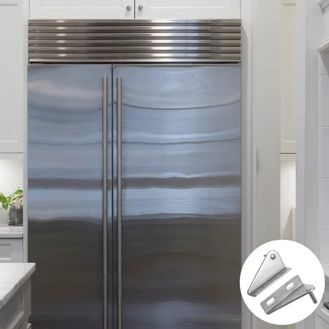 Heavy Duty Stainless Steel Refrigerator Door Hinges 28mm Pivot Distance Two Pack, shown with modern fridge