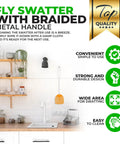Bug And Fly Swatter 6 Pack With Braided Metal Handles hanging in a modern kitchen, showcasing durability and convenience.