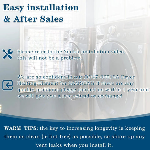 Installation tips for 2 Pack Dryer Heating Element Replacement DC47-00019A Direct Fit For DV45H7000EW A2 models.
