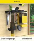 Heavy Duty Wall Mounted Tool Organizer For Garage, 48 Inch Metal Rack With 3 Rails And 6 Adjustable Hooks displaying tools