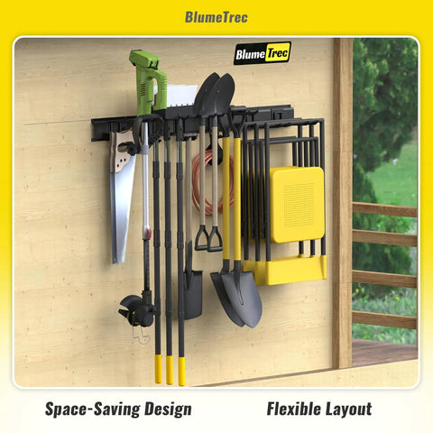 Heavy Duty Wall Mounted Tool Organizer For Garage, 48 Inch Metal Rack With 3 Rails And 6 Adjustable Hooks displaying tools