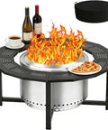 40 Inch Fire Pit Surround Tabletop with Cover for Bonfire and Ranger Pits Built to Last in Powder Coated Steel with pizza and drinks.