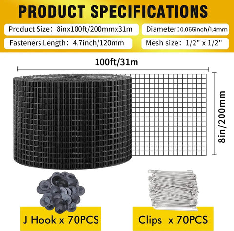 Hella Durable Solar Panel Bird Netting 8In By 100Ft Galvanized Mesh black roll with clips shown for roof guard against pests.