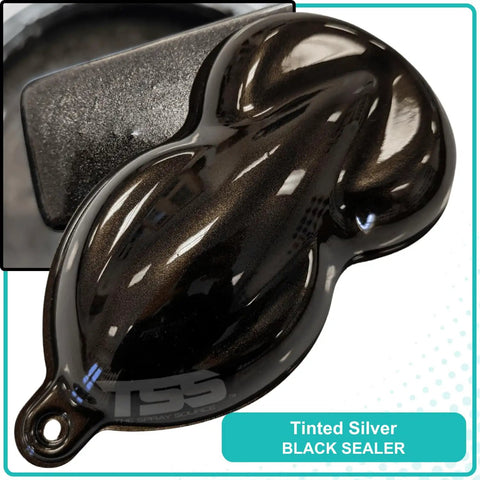 Straight Up Sleek Tinted Silver Basecoat Gallon With Slow Reducer For Hella Smooth Automotive Refinishing and Super Crisp Pro Ready To Spray Metallic Finish That Flows Like Butter on a tinted silver sample.