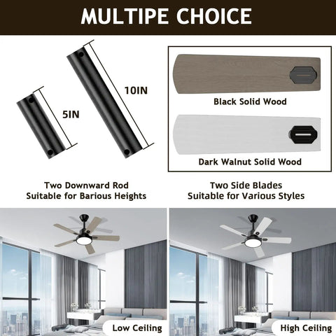 52 Inch Outdoor Ceiling Fan With Light And Remote Control, Reversible DC Motor, multi-choice downrod and blade options
