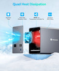 Top Tier Five Bay External Hard Drive Enclosure Built Different With Sleek Aluminum Chassis showing quad heat dissipation features, aluminum trays, and fan.
