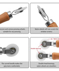 Three Piece Screen Tool Kit With Spline Roller Featuring Wooden Handle And Nylon Bearing Wheels, close-up of roller and wheels