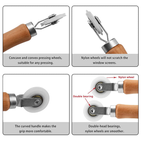Three Piece Screen Tool Kit With Spline Roller Featuring Wooden Handle And Nylon Bearing Wheels, close-up of roller and wheels