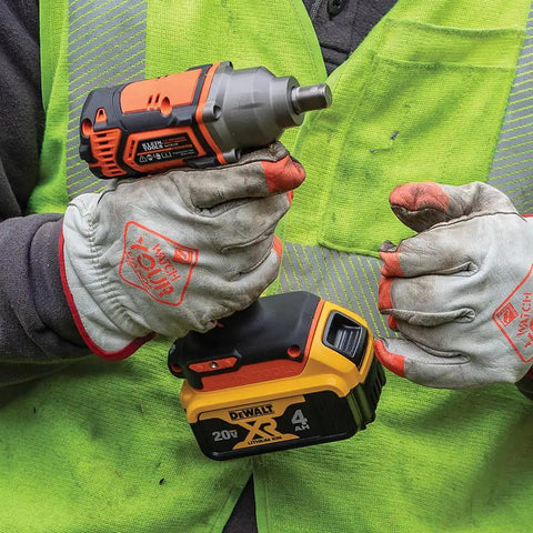 Worker holding Cordless Impact Wrench Half Inch Square Drive With 210 Foot Pounds Torque And 0 To 2200 RPM Variable Speed