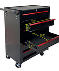 Heavy Duty Rollin Tool Chest With Six Slick Ball Bearing Glides And Scratch Proof Steel Worktop Featuring Locked Swivel Casters For Easy Shop Or Job Site Haulin In Tough Black Powder Coat showing open drawers and dimensions.