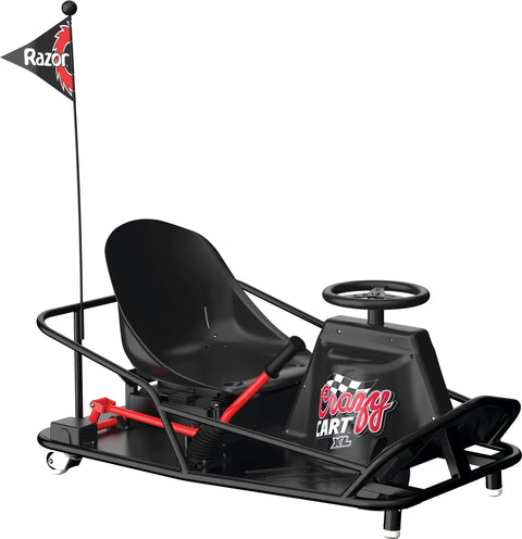 Crazy Cart XL Drifting Ride On Toy With High Torque Chain Driven Motor, 40 Minutes Of Play, Powder Coated Steel Frame, Patented Steering For Extreme Drifts And Stunts, Drift Bar For Total Control shown in black with red accents and steering wheel.