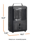 Heavy Duty 1500 Watt Portable Milkhouse Utility Space Heater With Adjustable Thermostat Overheat Guard And Tip Over Safety Switch In Matte Black, side view with dimensions.