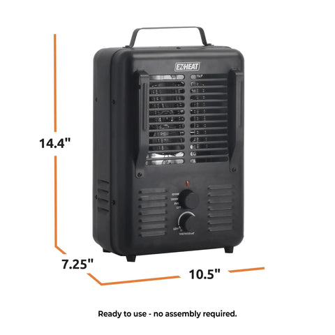 Heavy Duty 1500 Watt Portable Milkhouse Utility Space Heater With Adjustable Thermostat Overheat Guard And Tip Over Safety Switch In Matte Black, side view with dimensions.