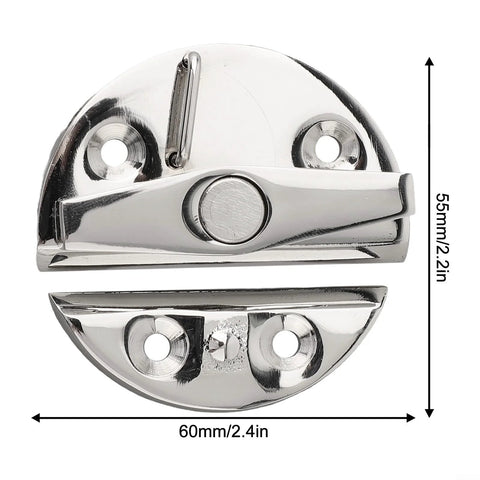 Boat hatch turn button latch, chrome stainless steel, 60mm diameter, front and rear views.