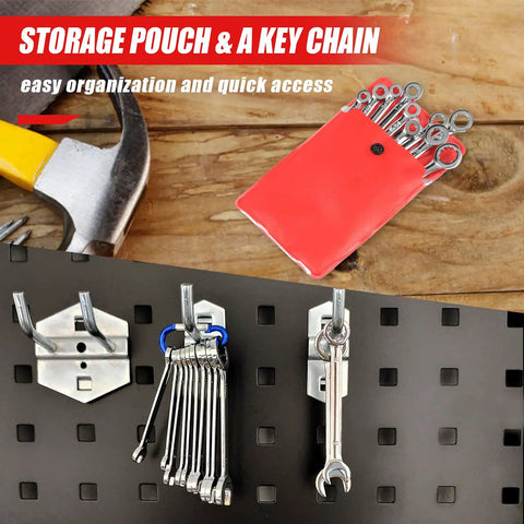 Compact 20-Piece Wrench Set With Metric And SAE Sizes Open End And Box End, Combination Wrenches in red pouch and on garage hooks