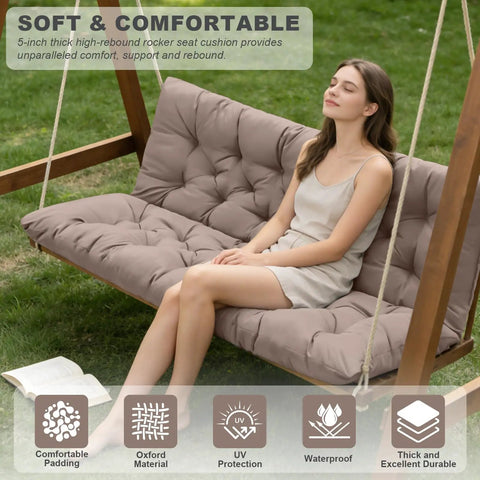 Woman sitting on Waterproof Outdoor Swing Cushions For 3 Seater With Backrest, Thickened Bench Cushions in khaki, 60x40 inches, in garden setting.