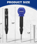 WORKPRO automatic center punches size diagram: black 5.1 in punch, blue 5.3 in punch, extra replacement tip (1.8 in).