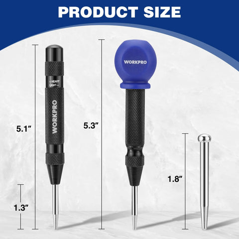 WORKPRO automatic center punches size diagram: black 5.1 in punch, blue 5.3 in punch, extra replacement tip (1.8 in).