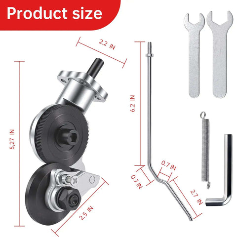 Diagram showing dimensions of Powerful And Effortless Heavy Duty Drill Metal Cutter Attachment for Sheet Metal Cutting with tools included.