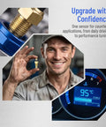 Brass Npt 1/8 Oil And Coolant Temperature Sensor Built Rock Solid For Fast Truck Fixes Perfect Gauge Reading And Easy Install Under The Hood shown in mechanic's hand.