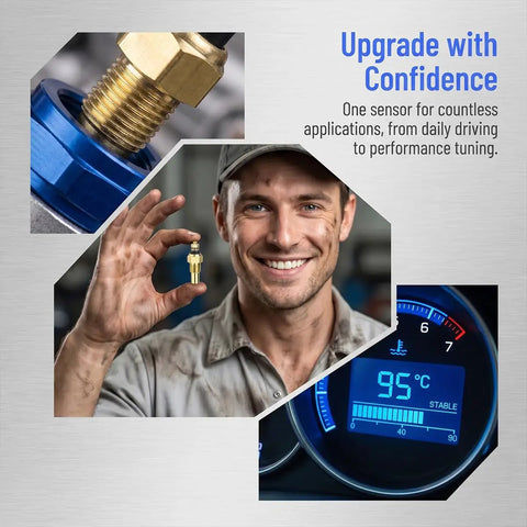 Brass Npt 1/8 Oil And Coolant Temperature Sensor Built Rock Solid For Fast Truck Fixes Perfect Gauge Reading And Easy Install Under The Hood shown in mechanic's hand.