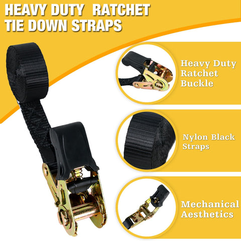 Heavy Duty Retractable Ratchet Straps 1 Inch Wide By 4 Feet Long No Hooks 1650 Lb Break Strength Tie Down Kit close-up view