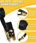 Durable Ratchet Tie Down Straps No Hooks 7ft 2 Pack Nylon Black Heavy Duty Cargo Straps, close-up of ratchet buckle and strap