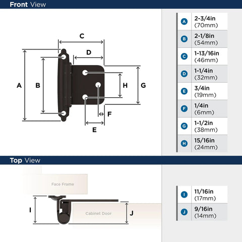 Variable Overlay Self Close Cabinet Hinges Oil Rubbed Bronze detailed dimensions and views for installation guidance.