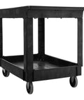 Black two shelf utility cart with lipped shelves and standard handle heavy duty 500 lb capacity for jobsite shop floor warehouse.
