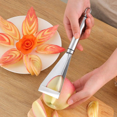 Using a Non Slip Fruit Carving Knife With V Shape Channel And Triangular Blade For Precise Diy Food Art In The Kitchen Sharp Engraving Tool For Home Cooks Easy Grip Handle Versatile Vegetable And Fruit Carving Tool on an apple for decorative cuts