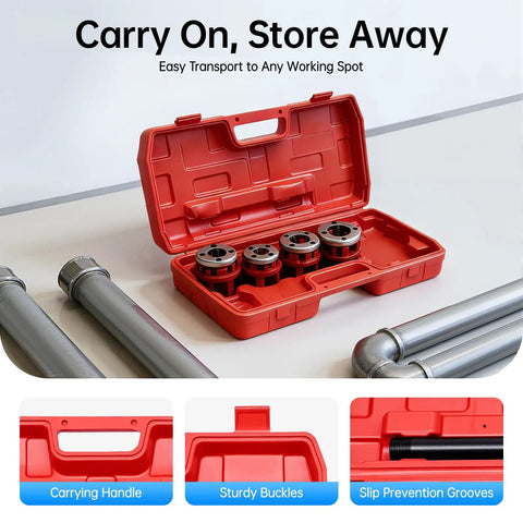Heavy Duty Ratchet Pipe Threader Kit With Five Swappable Die Heads For Galvanized And Steel Tubing built tough in red carrying case.