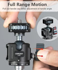 Close-up of ball head tripod with 360 panoramic rotation and 90 degree tilt, built-in bubble level, and one-quarter inch screw.