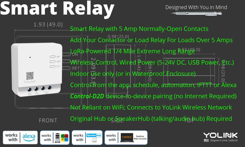Long Range Smart Relay Switch For Home Automation LoRa Powered One Quarter Mile Reach Next Level Works With Alexa Google And IFTTT Supports Up To Five Amps Hub Required front view with features list.
