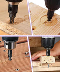 Five Piece Countersink Drill Bit Set Featuring True Eighty Two Degree Angle And One Quarter Inch Hex Shank Plus Matching Wood Plug Cutter Backyard Boss Favorite Rotary Kit For Clean Chamfers And Zero Hassle Screw Finishing, demonstrating countersinking in wood.