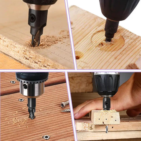 Five Piece Countersink Drill Bit Set Featuring True Eighty Two Degree Angle And One Quarter Inch Hex Shank Plus Matching Wood Plug Cutter Backyard Boss Favorite Rotary Kit For Clean Chamfers And Zero Hassle Screw Finishing, demonstrating countersinking in wood.