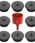 Heavy Duty 2 Inch Desk Grommet Kit With Eight Black Hole Covers And Cobalt Hole Saw showing eight black plugs and cobalt saw.