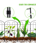 28 Pack Decorative Garden Fence Panels Outdoor Yard Friendly 24 Inch High 13 Inch Wide 30 Feet Long Coated Metal Rust Proof Wrought Iron Wire Border Folding Patio Fences For Flower Beds Animal Barrier Landscape Decor Easy Setup shown in garden with connection details.