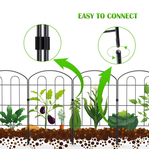 28 Pack Decorative Garden Fence Panels Outdoor Yard Friendly 24 Inch High 13 Inch Wide 30 Feet Long Coated Metal Rust Proof Wrought Iron Wire Border Folding Patio Fences For Flower Beds Animal Barrier Landscape Decor Easy Setup shown in garden with connection details.