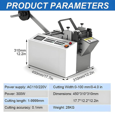 Top Quality Automatic Heat Shrink Tube Cutter With Micro Computer Control And Zero Point One Mm Accuracy showing product parameters and dimensions.
