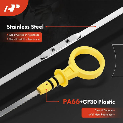 33.7 Inch Engine Oil Dipstick Replacement For Chevy GMC Cadillac Hummer Isuzu showing stainless steel rod and yellow plastic handle