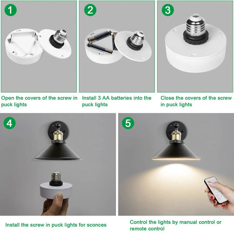 Installation steps for No-Hassle Remote Control Screw-In Puck Lights For E26 Bases, 2-Pack Battery Powered Puck Lights.
