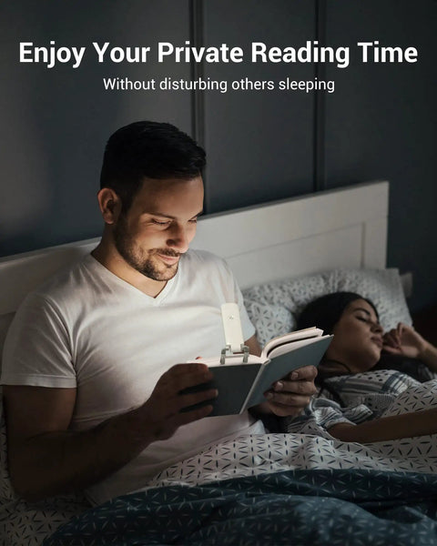 Man using Clip On Book Light With USB Rechargeable Power, Eye Friendly White LED Reading Lamp For Bedside Reading in bed.