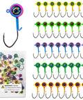 Image of Crappie Jig Heads 40 Pack One Thirty Second Ounce Swimbait Jigs With V Sharp Barbed Hooks For Crappie And Bass Fishing High Carbon Steel Eye Clean No Paint Ready For Freshwater Angling, showing colorful jig heads in a storage box.