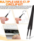 Stainless Steel E Clips and Internal Tooth Star Lock Washers Kit, 304 Grade with tweezers in use and packaging visible
