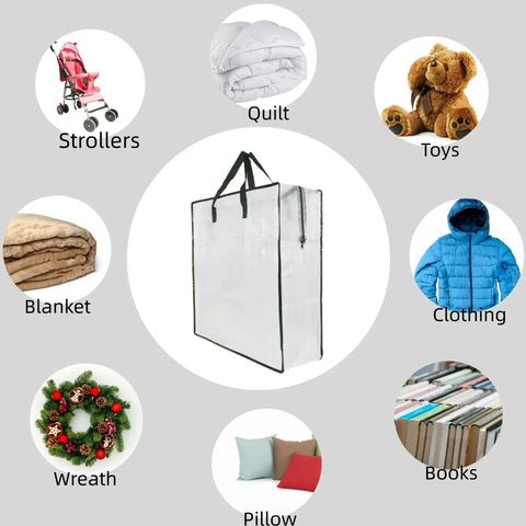 Grab-And-Go Storage Bags With Zipper And Handles for organizing blankets, quillts, toys, wreaths, pillows, strollers, clothes, books.