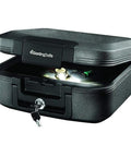 Fireproof And Waterproof Travel Safe Chest With Key Lock Black Lockbox With Interior Light Carry Handle UL Classified 1550F For Half Hour And ETL Verified 72 Hour Waterproof 0.28 Cu Ft