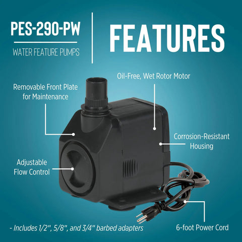 Energy Efficient 115 Volt Magnetic Drive Fountain And Pond Pump With Adjustable Flow Valve 300 GPH 6 Foot Cord Black