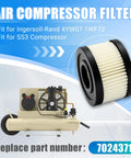 Two Pack Air Compressor Filter Elements Fits Ingersoll Rand 4YW07 1WF72 SS3 Replacement 70243712 on display with compressor